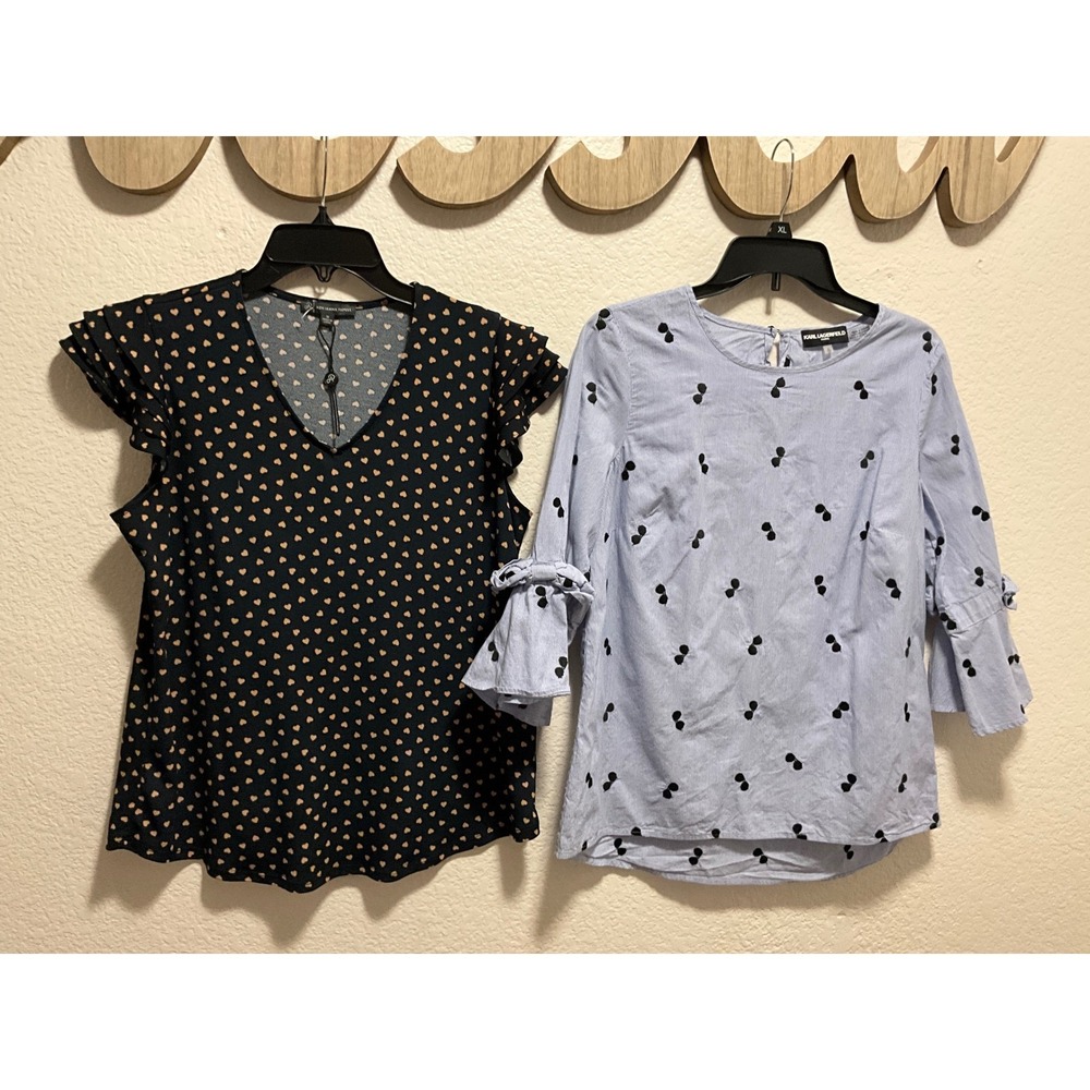 Bundle 2 pcs Adrianna Papell Black Heart Print Top M Karl Lagerfeld Blue Top S